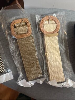 Woven Straw Waist Belt with Round /Square Buckle - Natural